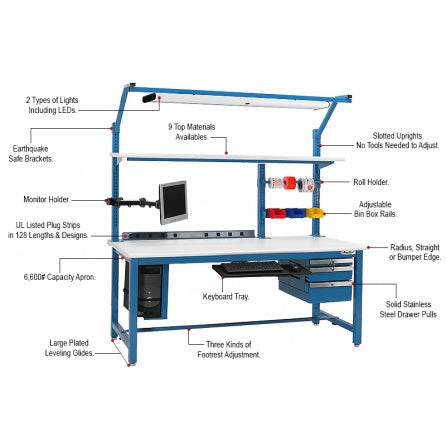 Quick Labs 10 ft heavy duty ESD Modular lab bench with laminate top, 2 upper shelves, power strip, drawer, overhead lights, pegboard w/ louvered panel, monitor holder, keyboard shelf, & bottom shelf (30"D x 120"L x 36"H)--adjustable height| QMBH30120-ESD